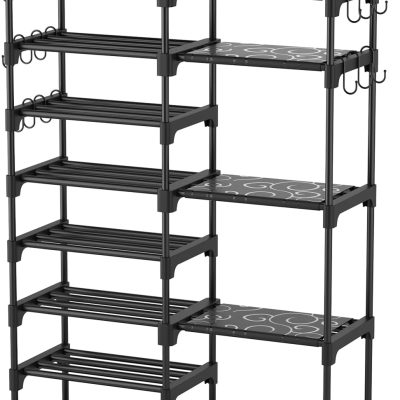 Shoe Rack Organizer, 8-Tier Metal Shoe Rack for Closet Entryway Garage, 26-32 Pairs Tall Shoe Boot Storage Shelf with 15 Hooks, Stackable Large Shoe Stand