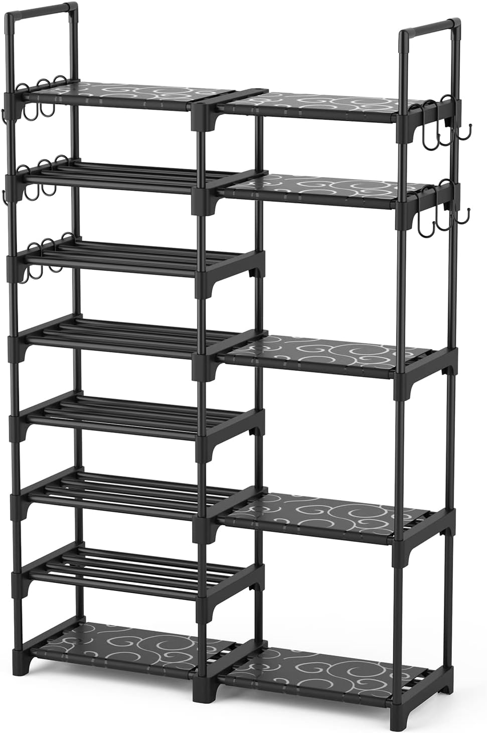 Shoe Rack Organizer, 8-Tier Metal Shoe Rack for Closet Entryway Garage, 26-32 Pairs Tall Shoe Boot Storage Shelf with 15 Hooks, Stackable Large Shoe Stand