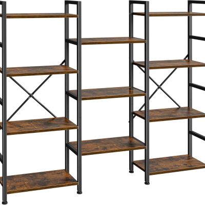 Triple Bookshelf, Bookcase with 11 Open Display Shelves, Wide Book Shelf Book Case for Home & Office, 4 Tier, Brown,