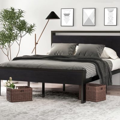 14 Inch Full Size Metal Platform Bed Frame with Wooden Headboard and Footboard, Mattress Foundation, No Box Spring Needed, Large Under Bed Storage, Non-Slip Without Noise, Black Oak