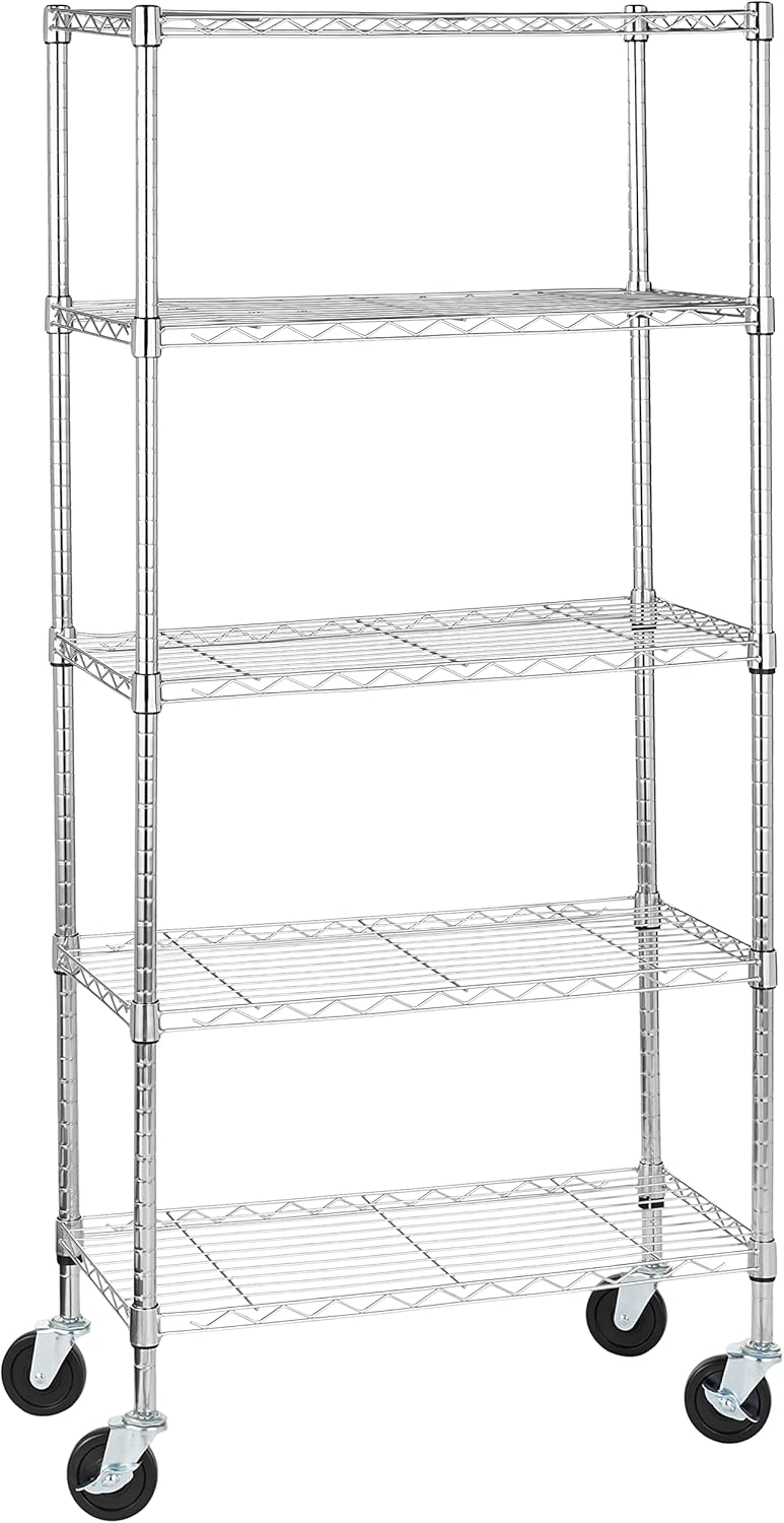 5-Shelf Adjustable, Heavy Duty Storage Shelving Unit on 4" Wheel Casters, Easy to Move Portable Wire Shelving, No Tools Needed for Easy Assembly, 30" x 14" x 64.8", Chrome