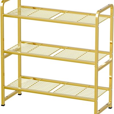 3 Tier Simple Shelf Organizer for Indoor Outdoor, Waterproof Heavy Duty Steel Shelving Unit Plant Stand for Living Room Bathroom Balcony Garden, Easy Assemble, Bright Gold