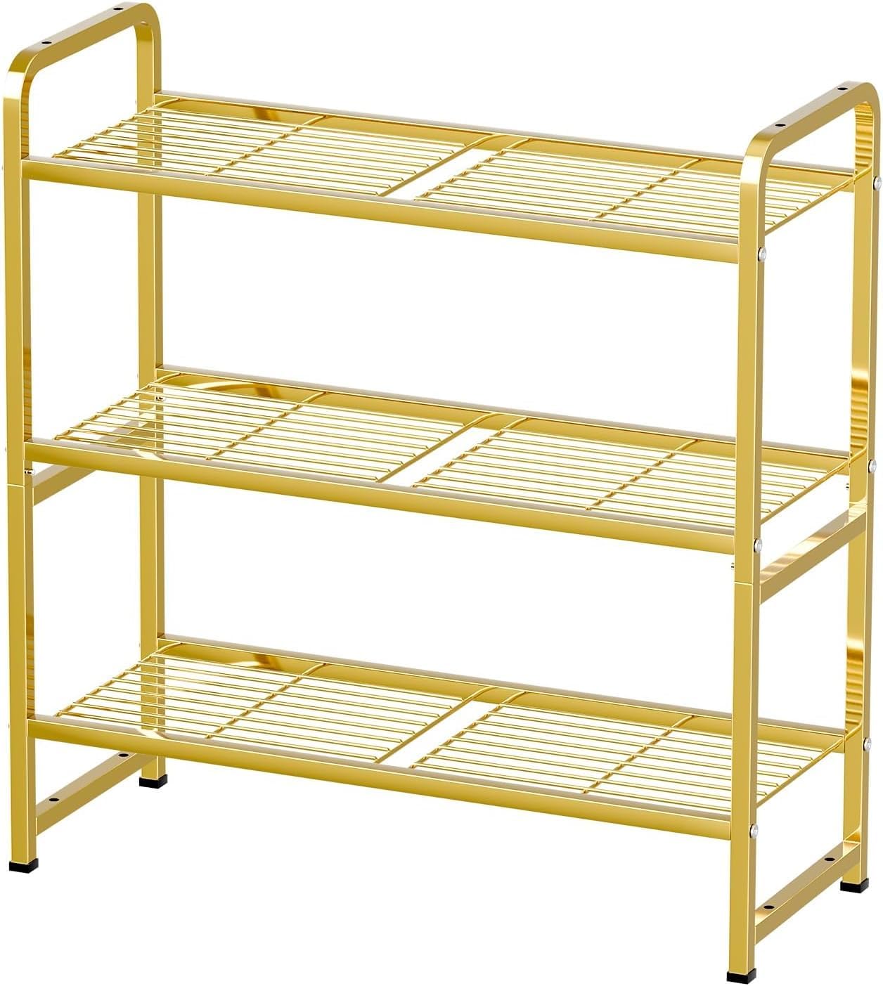 3 Tier Simple Shelf Organizer for Indoor Outdoor, Waterproof Heavy Duty Steel Shelving Unit Plant Stand for Living Room Bathroom Balcony Garden, Easy Assemble, Bright Gold
