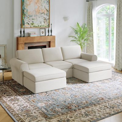 108" Modular Sectional Sofa, Modular Sectional Couches for Living Room, Chenille Removable Cover Boneless Couch with   Support U-Shaped Couch(Beige, 3 Seater + 2 Ottoman)