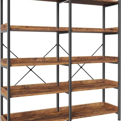 5 Tier Bookshelf, Display Bookshelf with 10 Open Shelves and Raised Baffle, 47.2 Inch Straight Wide Bookcase with Metal Frame and Wooden Board, Adjustable Feet, Rustic Brown