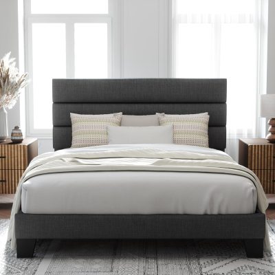 Platform Bed Frame with Fabric Upholstered Headboard and Wooden Slats Support, Fully Upholstered Mattress Foundation/No Box Spring Needed/Easy Assembly, Dark Grey