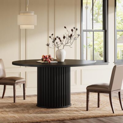 47.24-Inch Black Round Dining Table for 4-6 People, Modern Fluted MDF + Metal Base Kitchen Table, Sturdy Circle Dining Room Furniture, Black