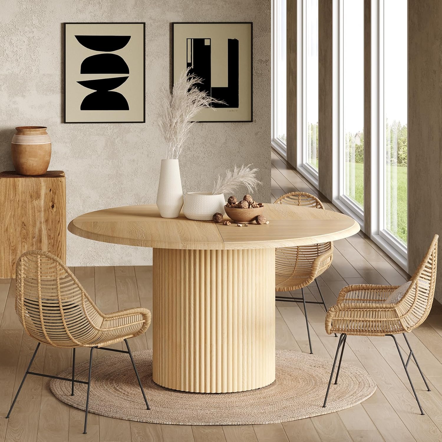 47 Inches Round Dining Table for 4, Farmhouse Natural Wooden Dining Room Table with Heavy Duty Fluted Pedestal, Large Circle Kitchen Dinner Table for Dining Room, Living Room (Table Only)