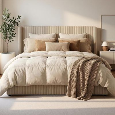 King Size Bed Frame with Storage Drawers, Corduroy Upholstered Platform Bedframe with Wingback, Headboard and Footboard, No Box Spring Needed, Beige
