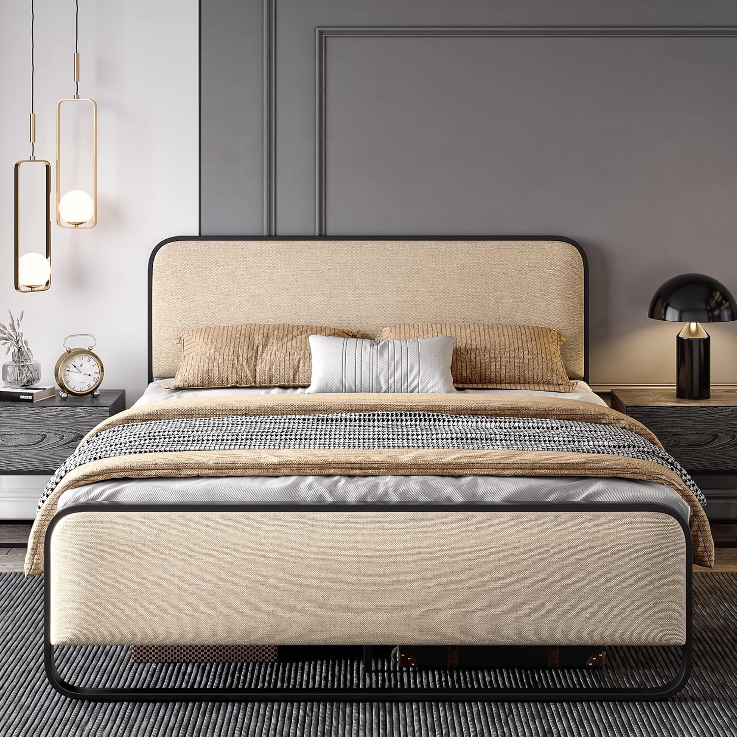 Platform Metal Bed Frame with Curved Upholstered Headboard and Footboard, Large Under Bed Storage, No Box Spring Needed, Modern, Beige