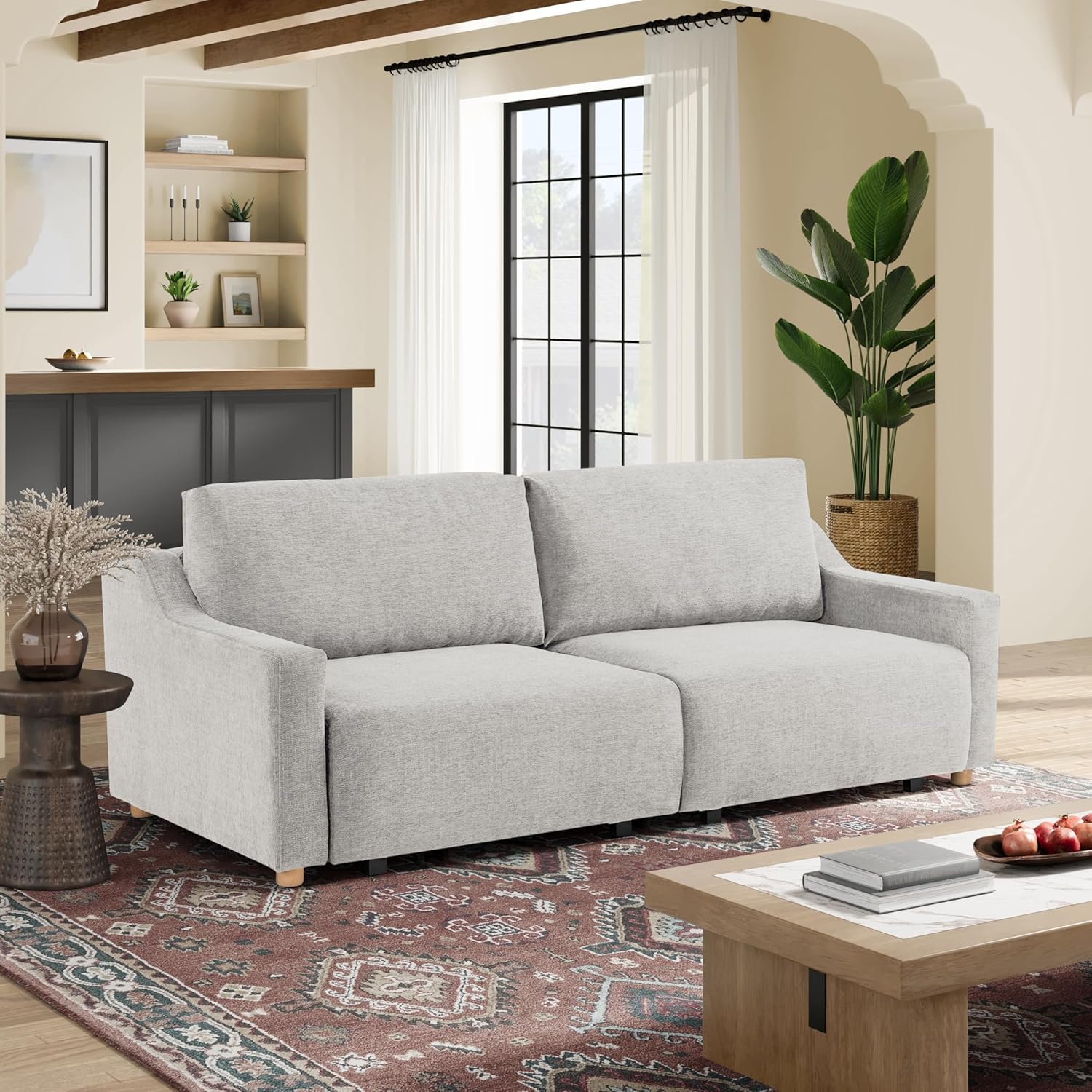 90.2" Wall-Hugging Convertible Sofa, Comfort, Chenille Fabric, Cream