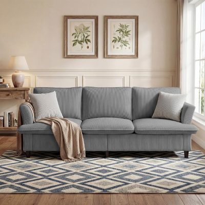 3 Seater Corduroy Couch, 89" Comfy Couch with Deep Seat, Modern Sofa Couch for Living Room, Office, Bedroom, Apartment (Pillows not Included)