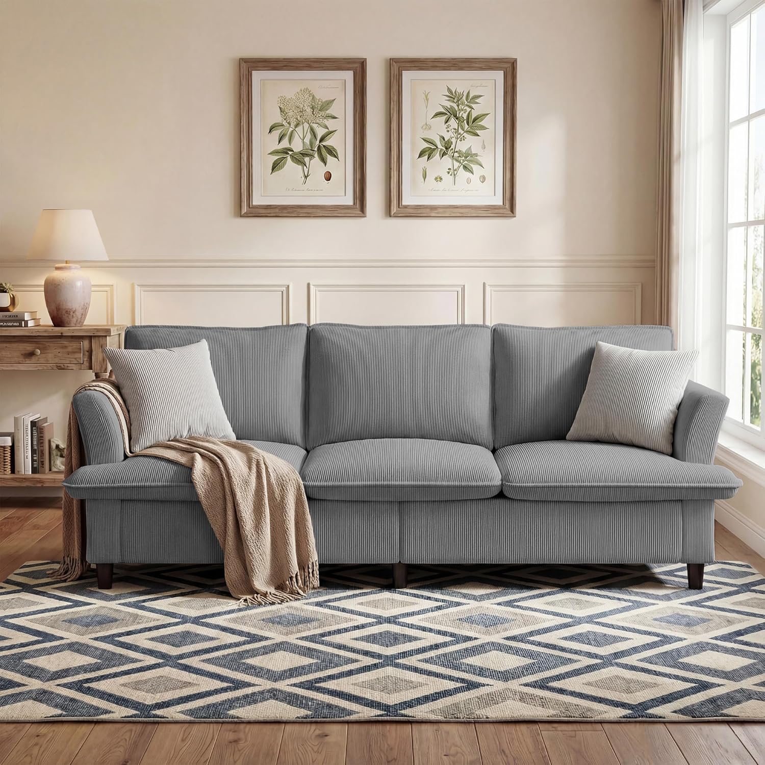 3 Seater Corduroy Couch, 89" Comfy Couch with Deep Seat, Modern Sofa Couch for Living Room, Office, Bedroom, Apartment (Pillows not Included)