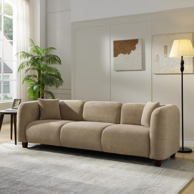 87" Chenille Upholstered Sofa Couch 3 Seater with 2 Pillows, Modern Living Room Sofa with Solid Wood Legs, Camel